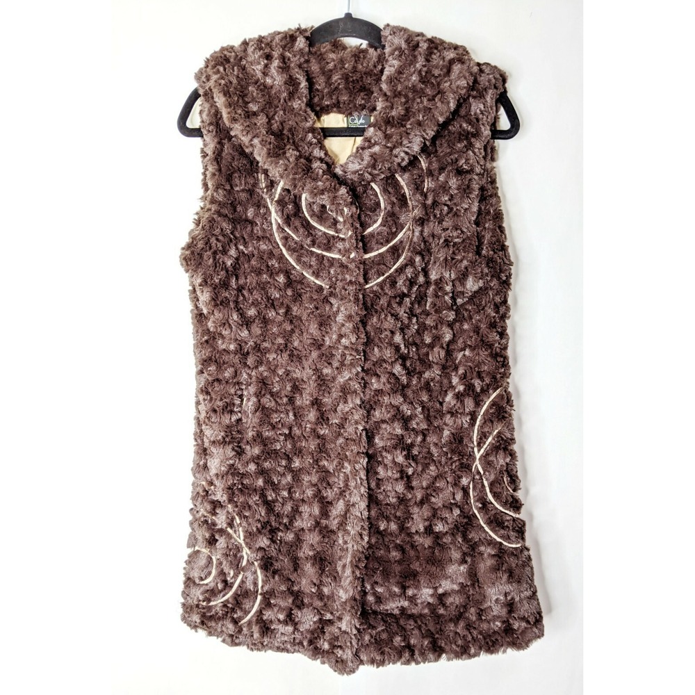 CoVelo Clothing Inc. Plush Fuzzy Brown Embroidered Vest Long  Size Medium